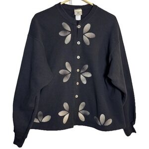 Vintage Lee Women's L Black Button Sweatshirt Floral‎ Appliqué Heavyweight